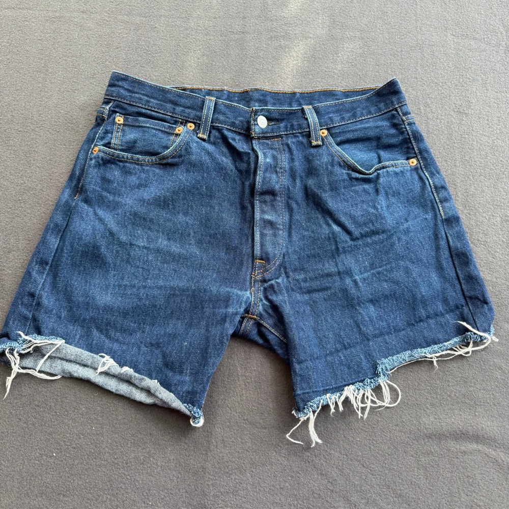Levis 501 Mens Dark Wash Denim Cut Off Shorts W35 Button Fly Raw Hem Indigo